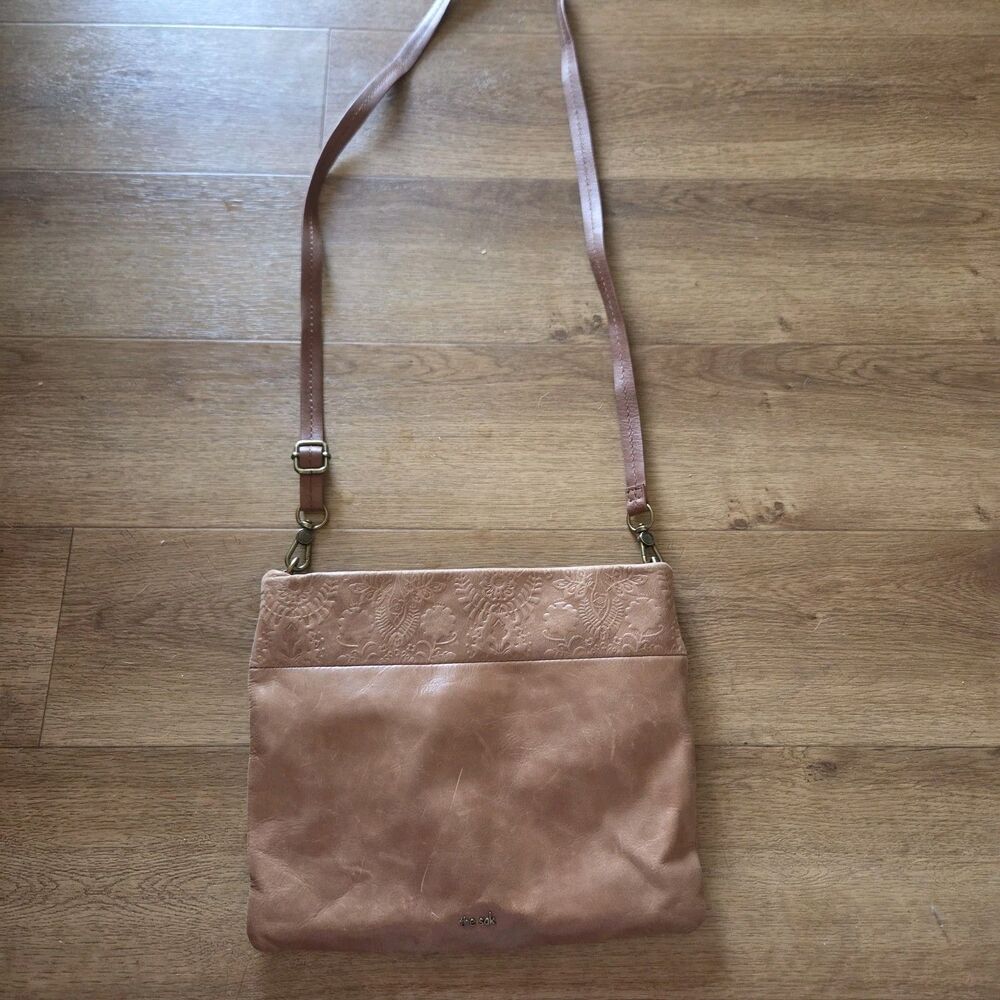 The Sak Brown Leather Crossbody Bag Floral Embossed Adjustable Strap Purse
